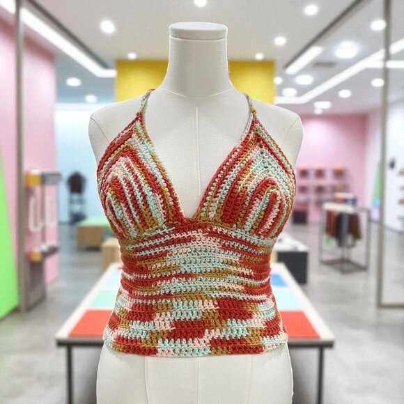 Crochet Halter Top Y2K Festival Boho Striped Knit Backless Summer Top Handmade - Picture 1 of 8